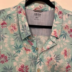 Izod Men's Tropical Floral Shirt - Aqua and Pink